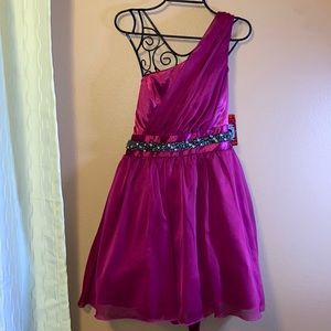 Trixxi one shoulder Barbie pink dress, sequin waist, sheer overlay